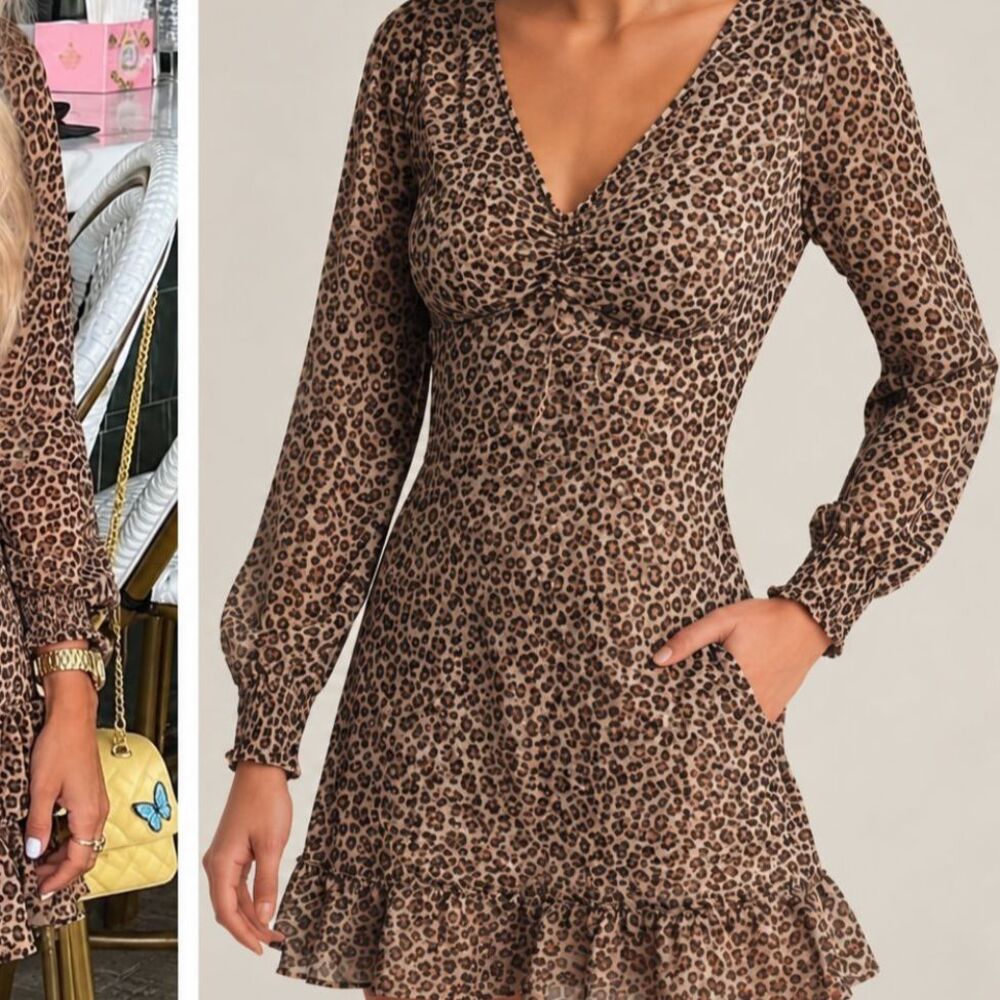 Abercrombie & Fitch Long Sleeve Ruffle Hem Dress Leopard Print Size Small Petite